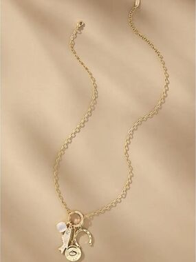 Anthropologie Charm Necklace Gold Evil Eye Fish Horseshoe 14k Gold Plated
